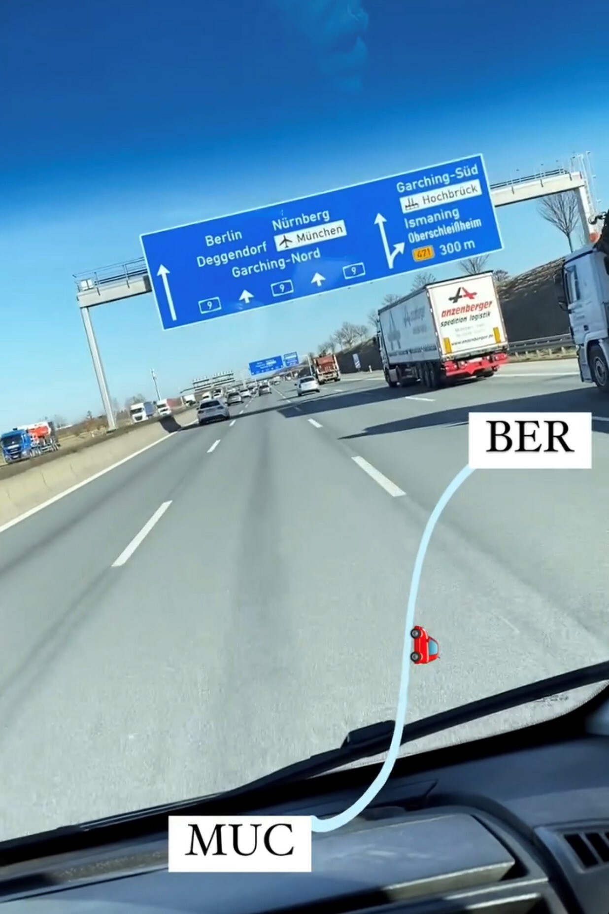 Instagram Story die die Autobahn von München nach Berlin zeigt
